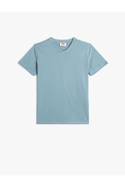 Koton Памучна базова тениска с V-образно деколте и къс ръкав