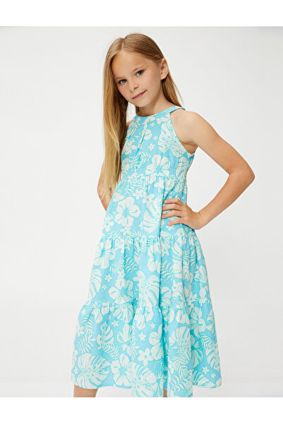 Koton Elbise Keten Karışımlı Halter Yaka Floral Desenli Katlı