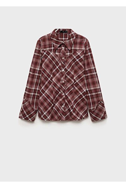 MANGO Woman Καρό βαμβακερό μπλουζάκι