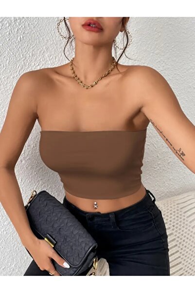 Olyssia Women's Coffee Strapless Crop Top Bustier – Stretchy Bandeau Single Jersey Fabric Blouse – Basic Stylish Casual Top