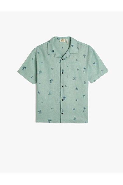 Koton Oversize λινό πουκάμισο με κοντό μανίκι Palm Tree με στάμπα μονή τσέπη
