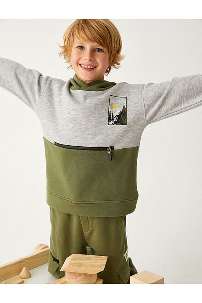 Koton Hooded Sweatshirt Raster Color Block Zipper Pocket Detailed