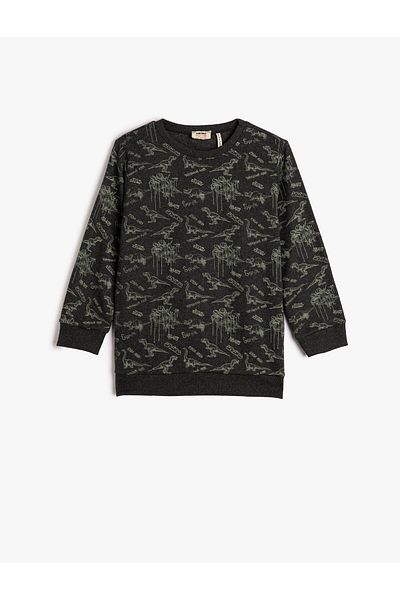 Koton Sweatshirt Crew Neck Long Sleeve Raised Dinosaur Printed