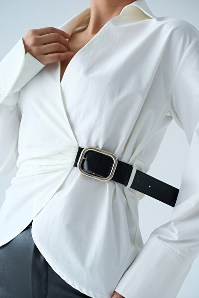 TUĞÇE ÖZER BUTİK Women's Ecru Double Breasted Collar Belted Shirt