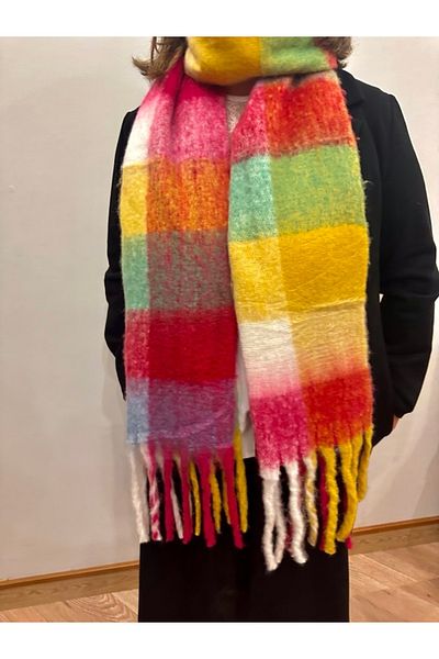 alsaccessories Square Pattern Colorful Red Boucle Thick Puff Shawl with Scarf Length 205X Width 40 cm
