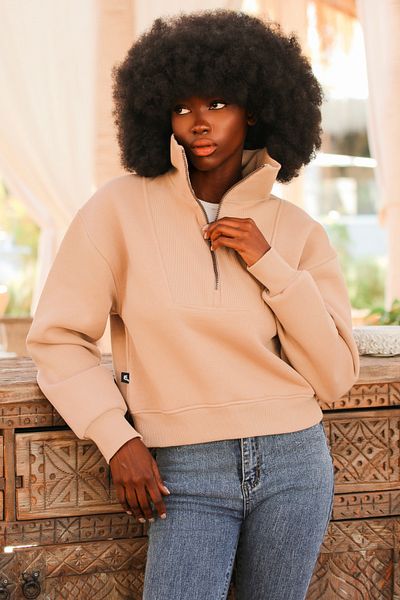 Whish Φούτερ Alegre Sand Loose Fit Half Crop με φερμουάρ