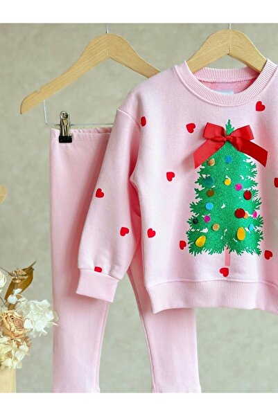 Lolliboomkids Pink Colored Girl's Tracksuit Set - Pine Tree Printed with Bow Ribbon Detail