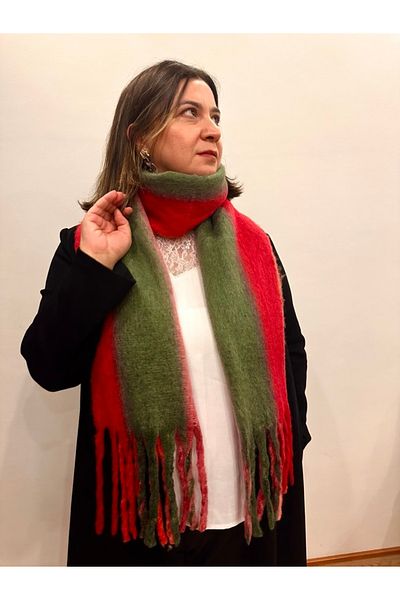 alsaccessories Red-Green Square Pattern Boucle Puff Shawl - Length 205X Width 40cm