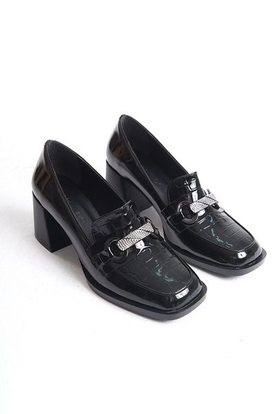 MARSEDO Black Patent Leather - Blunt Toe Stiletto Shoes with Thick Heels and Buckle Detail