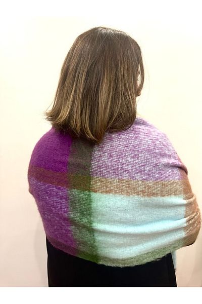 alsaccessories Square Patterned Colorful Purple Boucle Thick Puff Shawl, Scarf Length 205X Width 40 cm