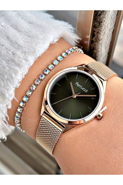 Ferrucci Rose Gold Renk Klasik Hasır Sade Model Kadın Kol Saati + BİLEKLİK