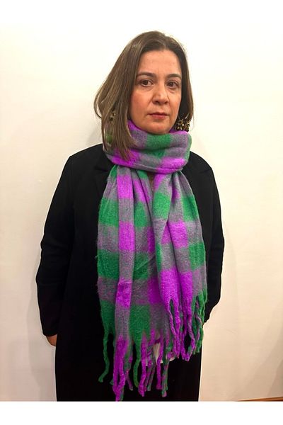 alsaccessories Purple-Grey Square Pattern Boucle Puff Shawl - Length 205X Width 40 cm