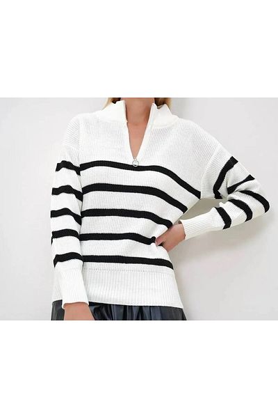 Butik Pulover de damă alb cu fermoar în dungi