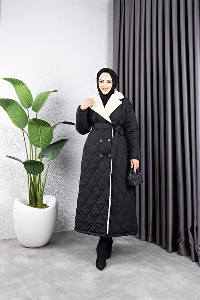 HARMAN BUTİK KADIN ASTARLI YANDAN İÇİ KÜRKLÜ KAPİTONE UZUN MONT