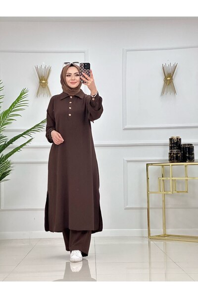 Enans Design Σετ γυναικείο παντελόνι τουνίκ 2 τεμαχίων, φόρεμα με κουμπιά με ...