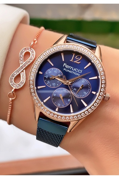 Ferrucci Ferruci Brand Navy Blue Color Steel Cord Women's Wristwatch - Bracelet