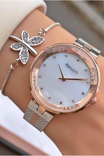 Ferrucci ساعة يد نسائية بسوار فولاذي بلون فضي وردي - سوار