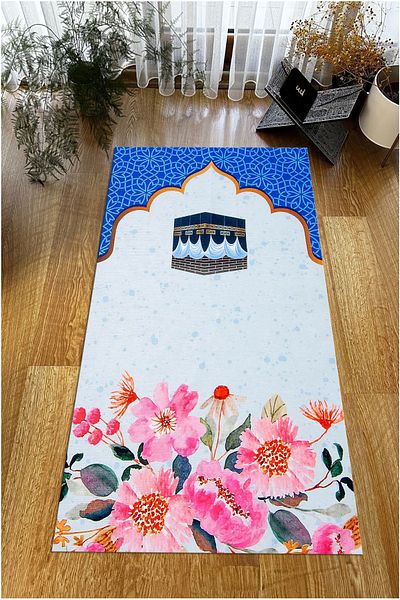 Viyana Home Дигитално отпечатан молитвен килим с нехлъзгаща се основа, който може да се пере, за сватбени подаръци, МОЛИТВЕНИ КИЛИМИ-130-СИНЬО,