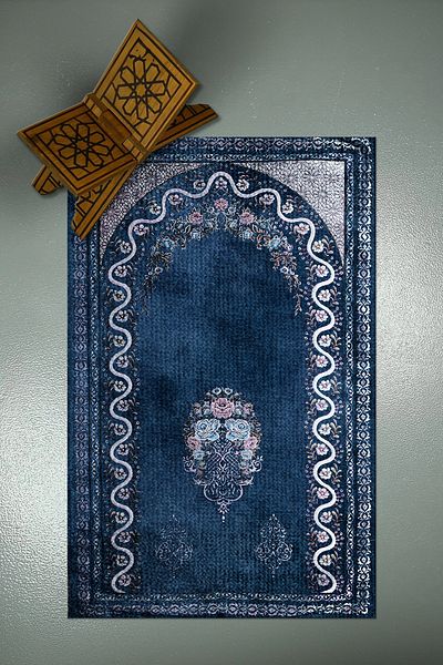 Viyana Home Дигитално отпечатан молитвен килим с нехлъзгаща се основа, който може да се пере, за сватбени подаръци, МОЛИТВЕНИ КИЛИМИ-128-СИНЬО,