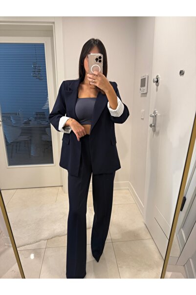 cn novembersun Women's Navy Blue Fold Sleeve Blazer Jacket Palazzo Pants Suit