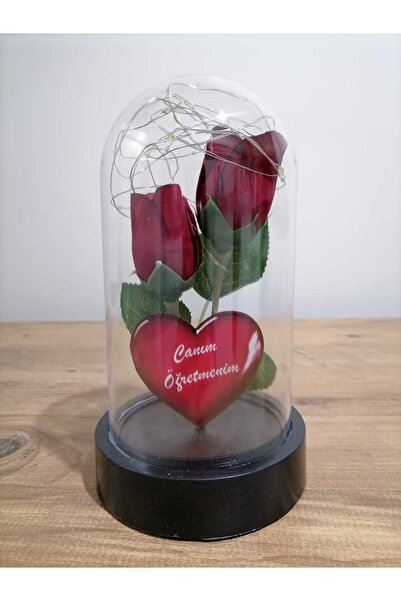 Piyan Kırmızı Gül Çiçek Kalpli Işıklı Fanus 24 Kasım Öğretmenler Günü Hediyesi