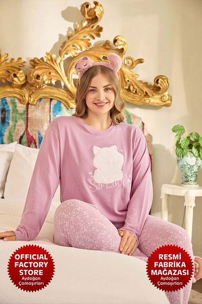 Aydoğan Pink Pajama Set for Women - Oversize, Thermal, Long Sleeve, Placket B14-4 - Aydogan ®