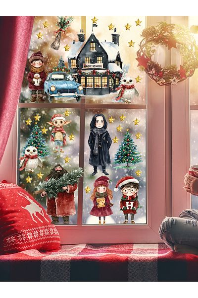 Sim Tasarım Magician School Christmas Party New Year Theme Glass Wall Decorative Sticker Set
