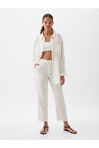 GAP Kadın Beyaz High Rise Keten Karışımlı Pull-On Pantolon