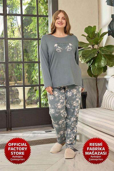 Aydoğan Γκρι Viscose Crew Neck Μακρυμάνικο Σετ Πιτζάμες Plus Size - Aydogan ®