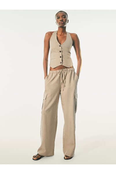 GAP Kadın Bej Keten Karışımlı Pull-On Kargo Pantolon