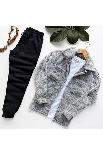 Sky Light Women/Men's Pocket Detailed Plush Shirt and Jogger Tracksuit Combo Bottom Top