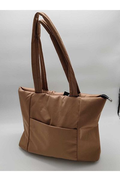 kumasfabrik Women's Brown Zippered, Snap Pocket Detailed Lined Hand and Shoulder Bag - Fabric Tote Bag