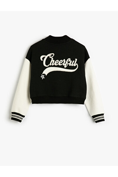 Koton College-Jacke mit langen Ärmeln und Farbkontrast – Applikationen und Druckknopfverschluss