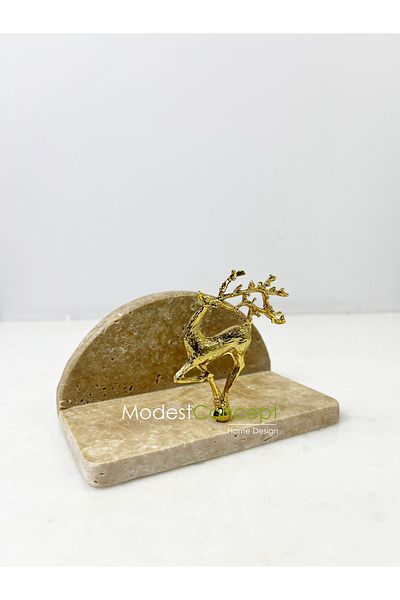 Modestmar Travertine Marble Napkin Holder Gold Flying Deer Object Semicircular Napkin Holder