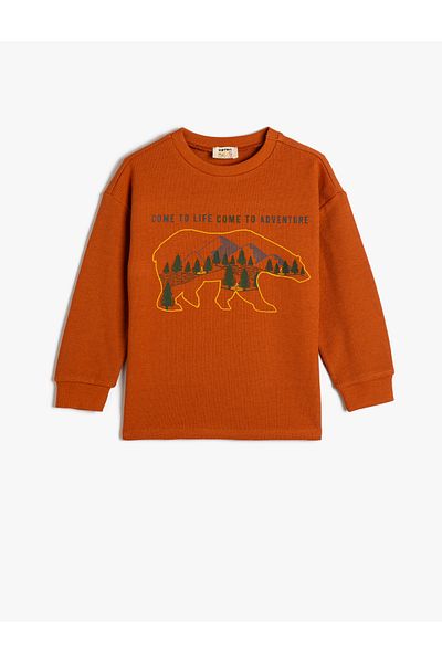 Koton T-Shirt Long Sleeve Crew Neck Nature Themed Print Detailed Cotton
