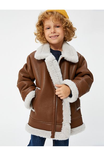 Koton Jacket Leather Look Faux Fur Collar Detailed Fleece Lined