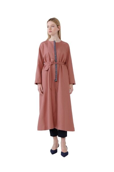 R4 Roseus Pembe Yün Palto, Astarlı Etnik Desenli Biye Süslemeli