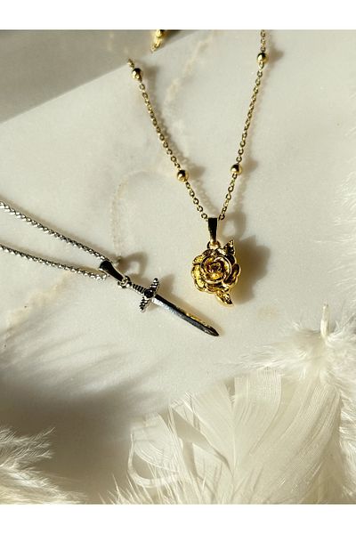 Harlofia Jewelry Rose & Sword Nesting Couple Necklace