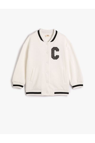 Koton Raised Jacket with V-Neck Snap Closure and Pockets - Applique Detail