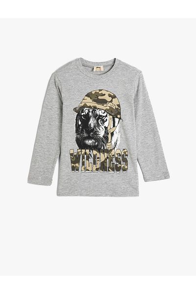 Koton T-Shirt Long Sleeve Tiger Printed Crew Neck Cotton