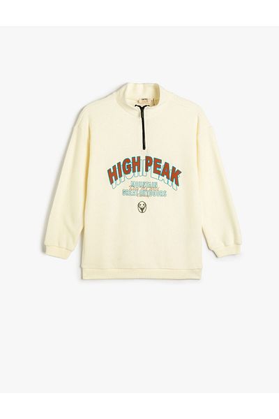 Koton Sweatshirt Stand Collar Long Sleeve Text Printed Raised
