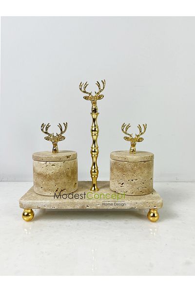 Modestmar Travertine Marble - Set of 3 Spice Rack, Gold Deer