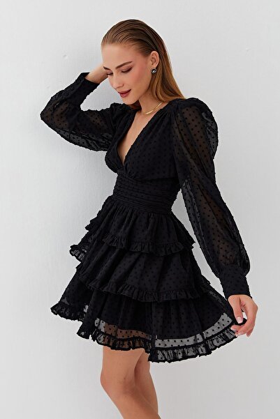 FASHION COCKTAIL فستان سهرة صغير من الشيفون مع تنورة مكشكشة مكونة من 3 طبقات ...