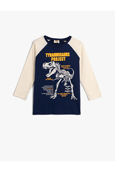 Koton Langärmliges Dinosaurier-T-Shirt aus Baumwolle – Rundhalsausschnitt