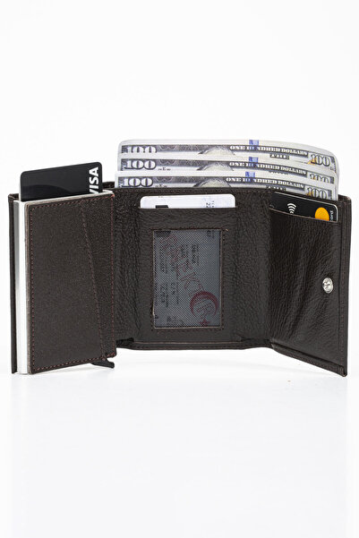 Deriza Πορτοφόλι καφέ με μηχανισμό από γνήσιο δέρμα