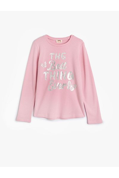 Koton Tricou cu slogan imprimat cu mânecă lungă, decolteu, bumbac texturat