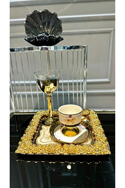 Turkuaz kristal Set of 6 Square Gold Single Tea Coffee Casting Presentation Tray