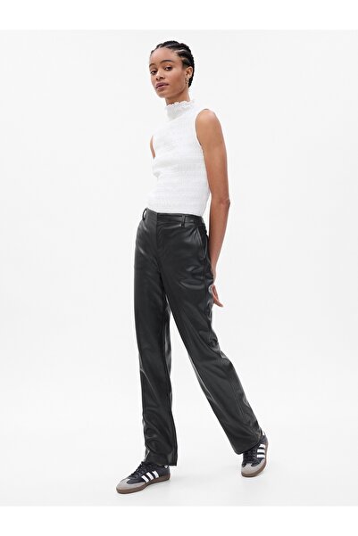 GAP Kadın Siyah Mid Rise Suni Vegan Deri Loose Pantolon