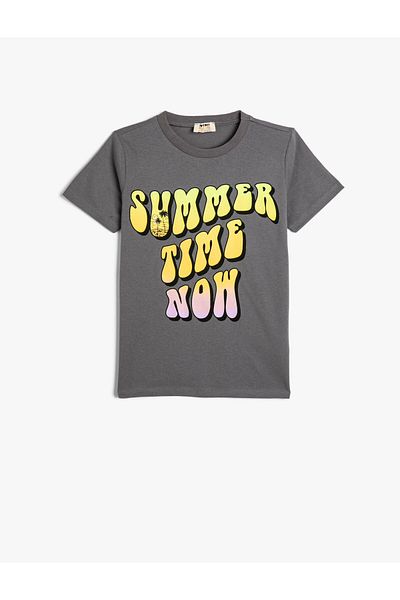 Koton Cotton Short Sleeve T-Shirt - Crew Neck, Slogan Printed