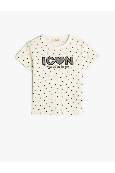 Koton T-Shirt Heart Glitter Short Sleeve Crew Neck Cotton